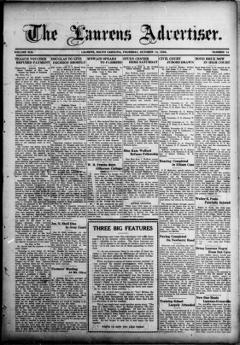The front page of The Laurens advertiser, Laurens, S.C., October 14, 1926