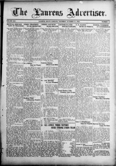 The front page of The Laurens advertiser, Laurens, S.C., October 21, 1926