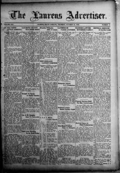 The front page of The Laurens advertiser, Laurens, S.C., October 28, 1926