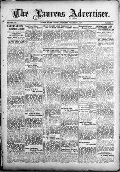 The front page of The Laurens advertiser, Laurens, S.C., November 4, 1926