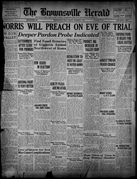 The front page of Brownsville herald, Brownsville, Tex., October 31, 1926