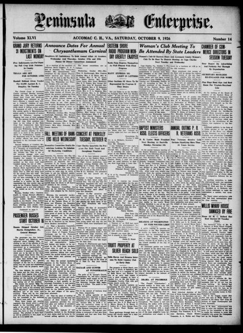 The front page of Peninsula enterprise, Accomac, Va., October 9, 1926