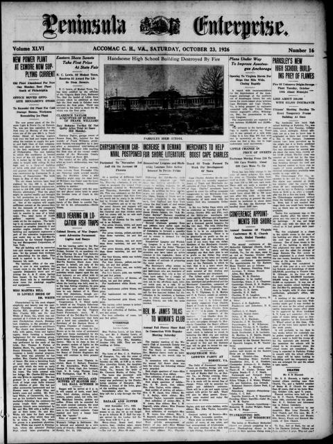 The front page of Peninsula enterprise, Accomac, Va., October 23, 1926