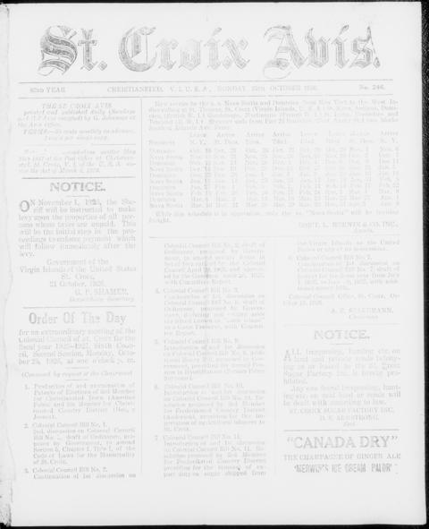 The front page of St. Croix avis, Christiansted, St. Croix [V.I.], October 25, 1926