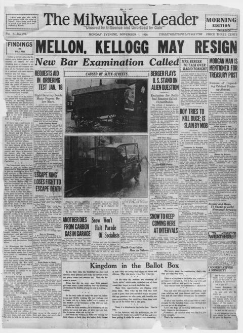 The front page of The Milwaukee leader, Milwaukee, Wis., November 1, 1926