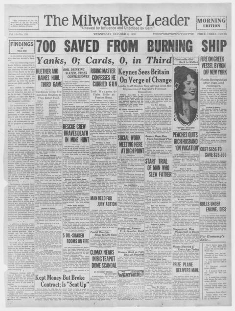 The front page of The Milwaukee leader, Milwaukee, Wis., 6 October 1926