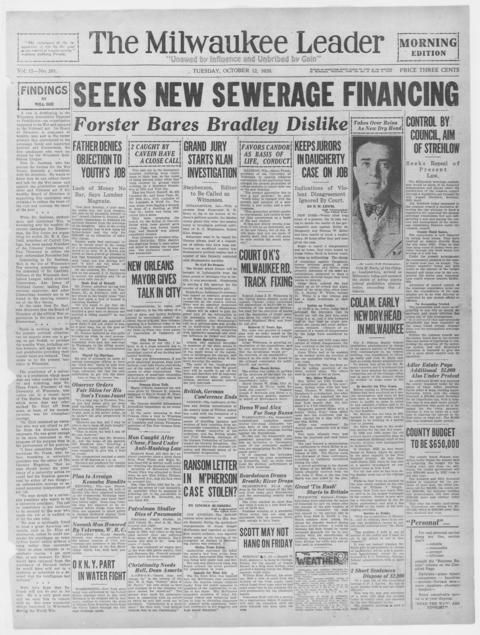 The front page of The Milwaukee leader, Milwaukee, Wis., October 12, 1926