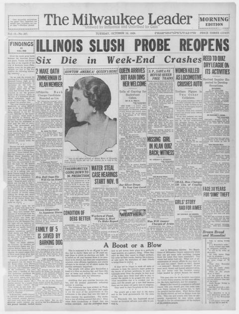The front page of The Milwaukee leader, Milwaukee, Wis., October 19, 1926