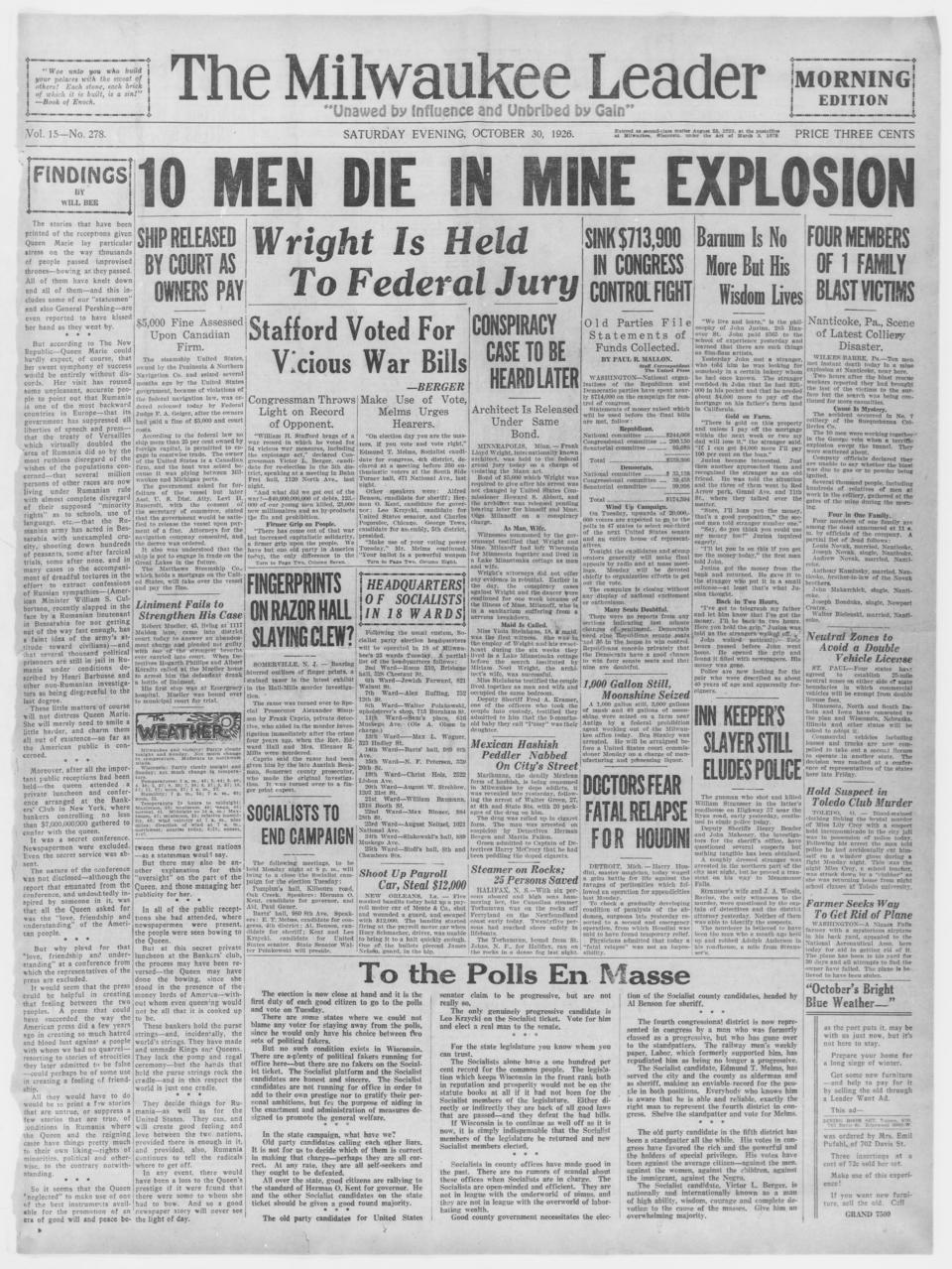 The front page of The Milwaukee leader, Milwaukee, Wis., October 30, 1926