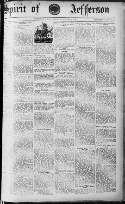 The front page of Spirit of Jefferson, Charles Town, Va. [W. Va.], October 20, 1926