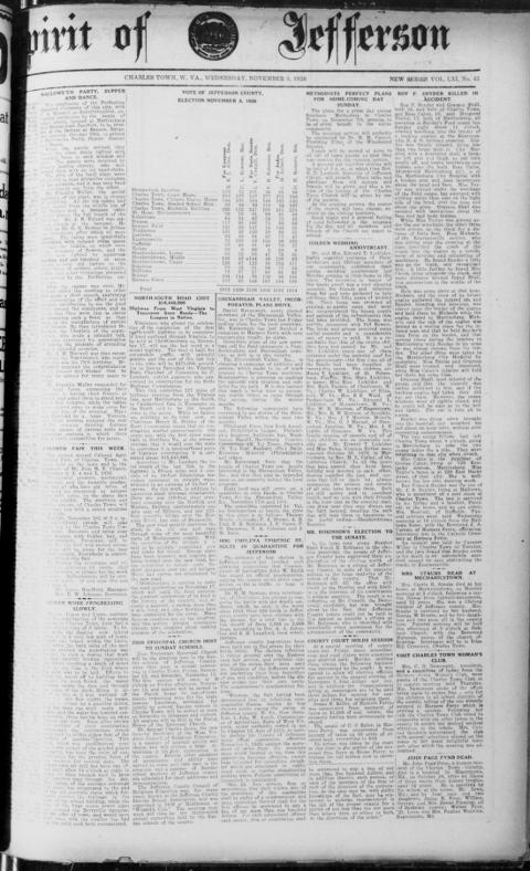 The front page of Spirit of Jefferson, Charles Town, Va. [W. Va.], November 3, 1926