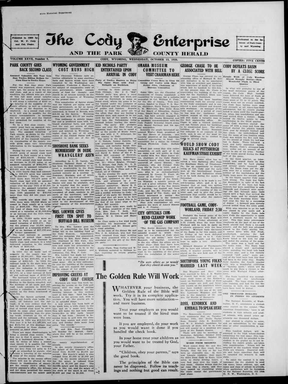 The front page of The Cody enterprise and the Park County herald, Cody, Wyo., October 13, 1926