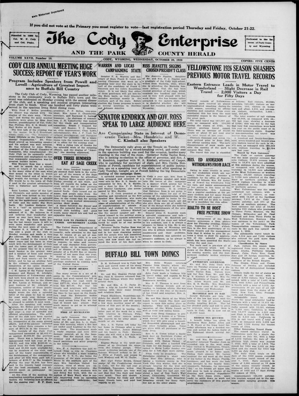 The front page of The Cody enterprise and the Park County herald, Cody, Wyo., October 20, 1926