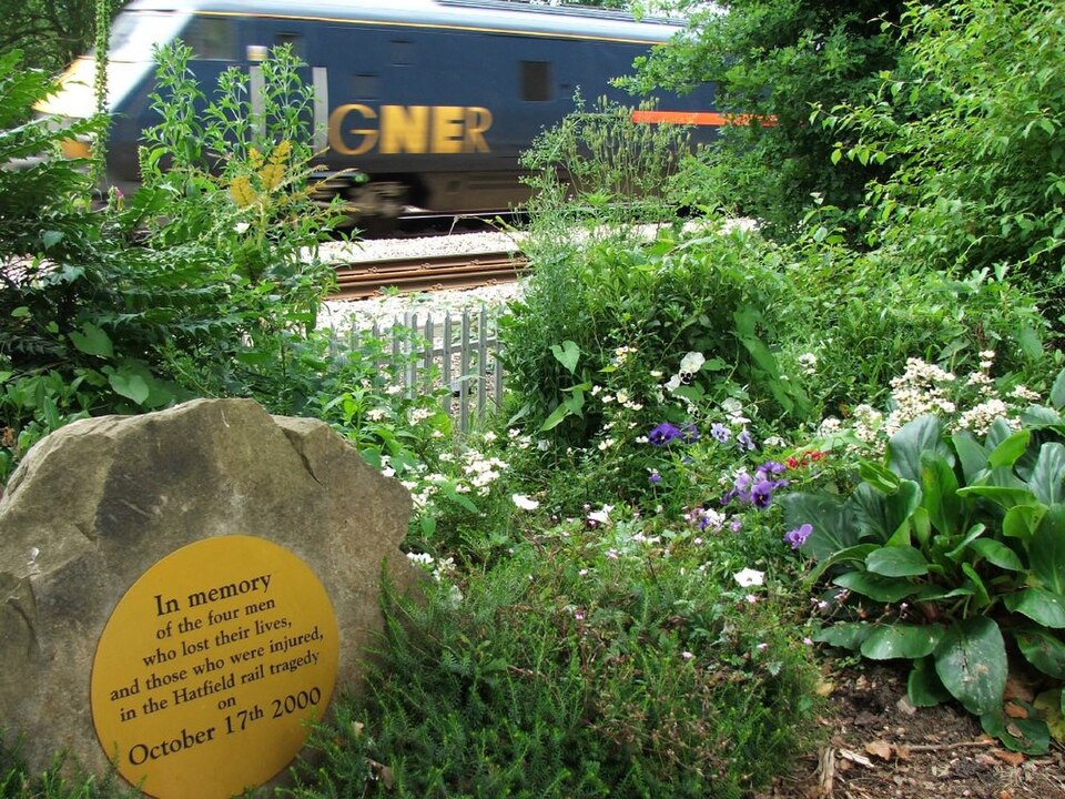 The memorial garden created alongside the East Coast Main Line for those who died in the Hatfield train crash.
