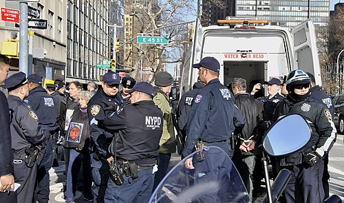 Protesters against the Saudi-led war on Yemen being handcuffed by the NYPD outside the US mission to the UN on 11 December 2017