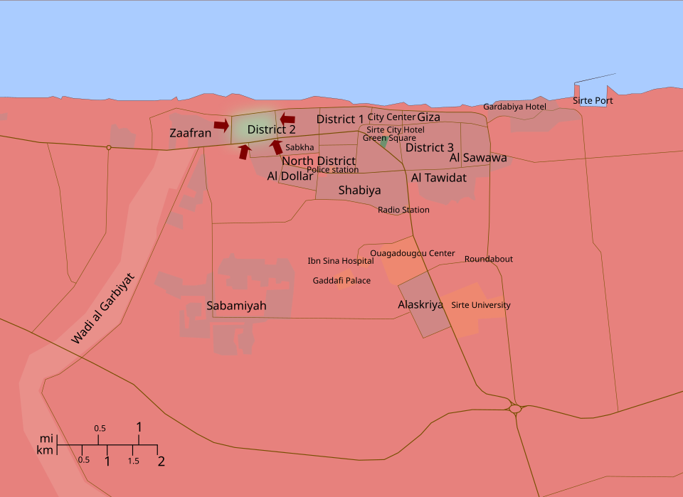 A map of the 2011 Battle of Sirte, showing troop movements. In green, Gaddafi Loyalists, in red, Libyan Rebels. Sources: Google Maps and Wikimapia (for the…