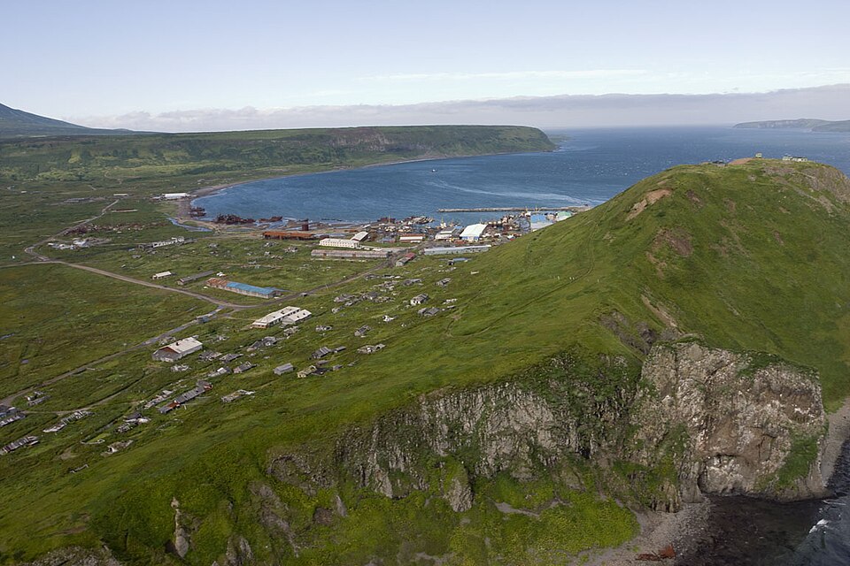 Helicopter view of the place where Severo-Kurilsk was located before the 1952 tsunami. The modern town, rebuilt at higher level, is not on the photo.