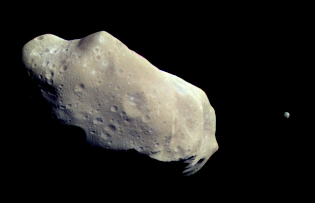 This color picture is made from images taken by the imaging system on the Galileo spacecraft about 14 minutes before its closest approach to asteroid 243…
