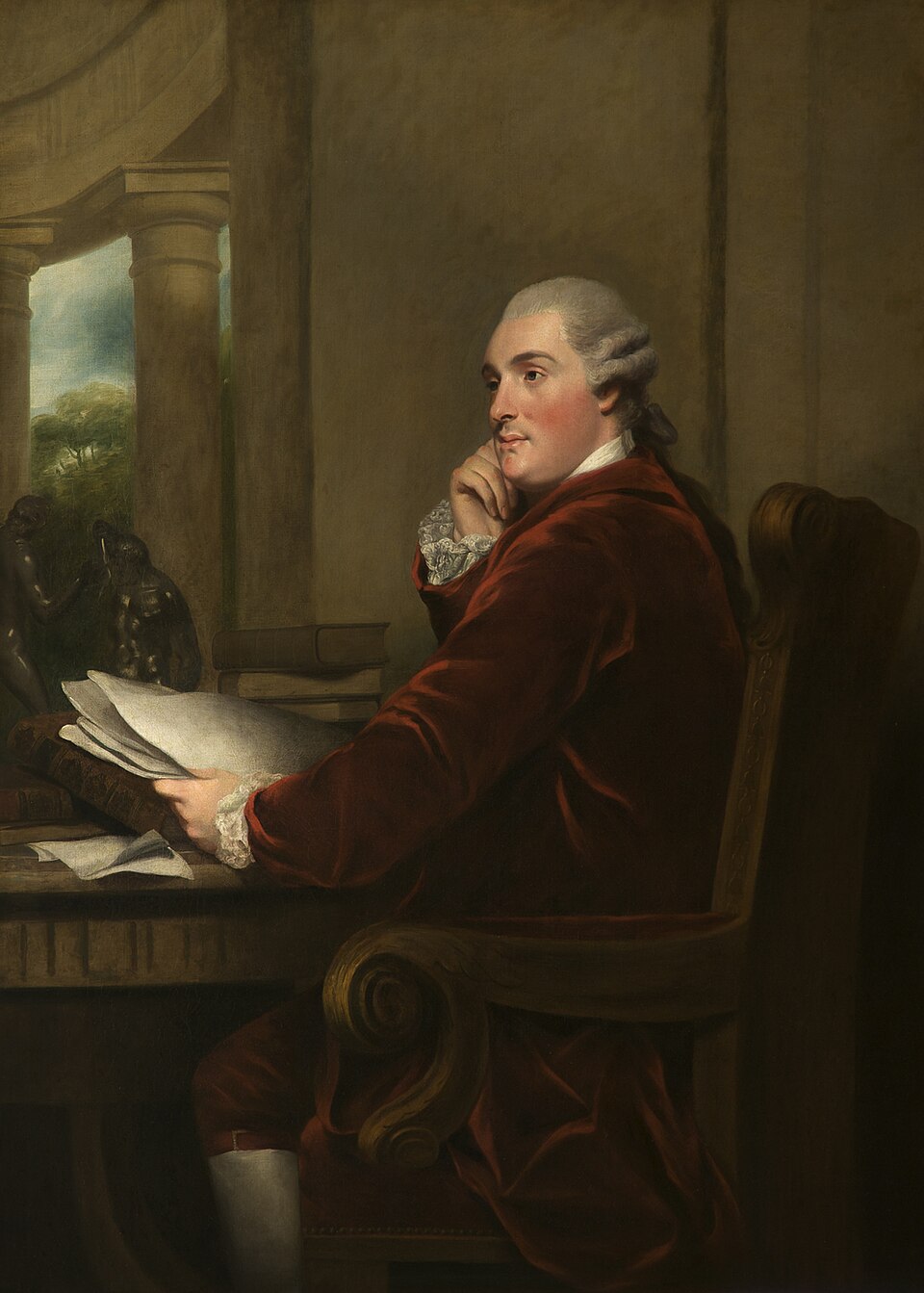 A three-quarter-length portrait of William Cavendish-Bentinck, 3rd Duke of Portland, turned to the left, gazing to the left, seated in a red upholstered…