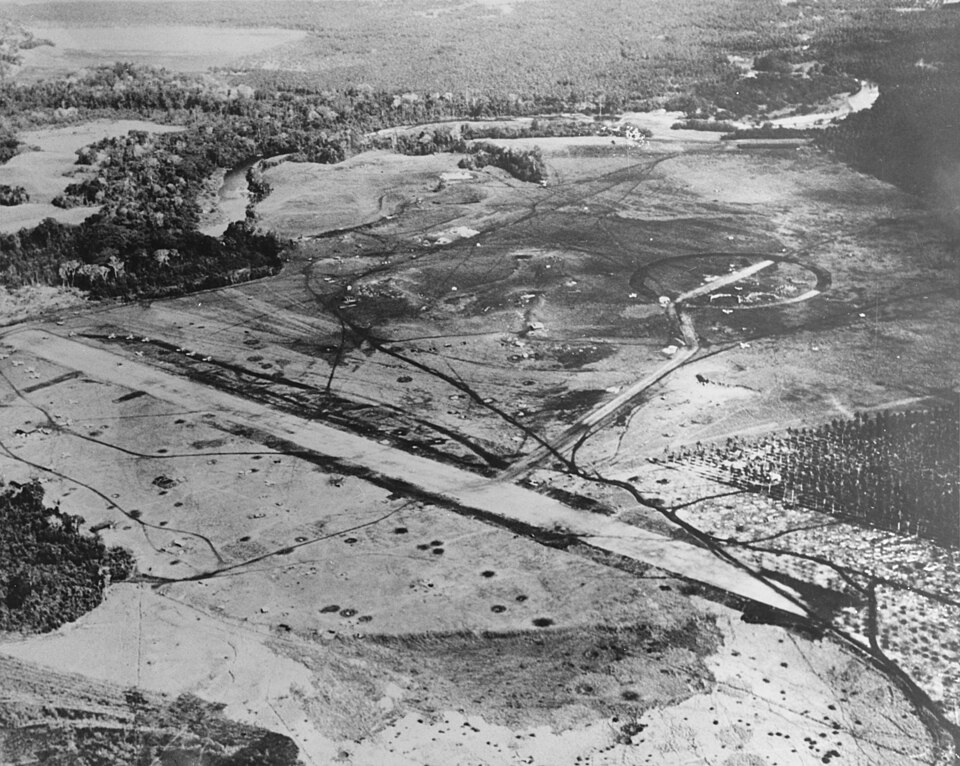 Henderson Field, Guadalcanal, photographed from a USS Saratoga (CV-3) plane in the latter part of August 1942, after U.S. aircraft had begun to use the…