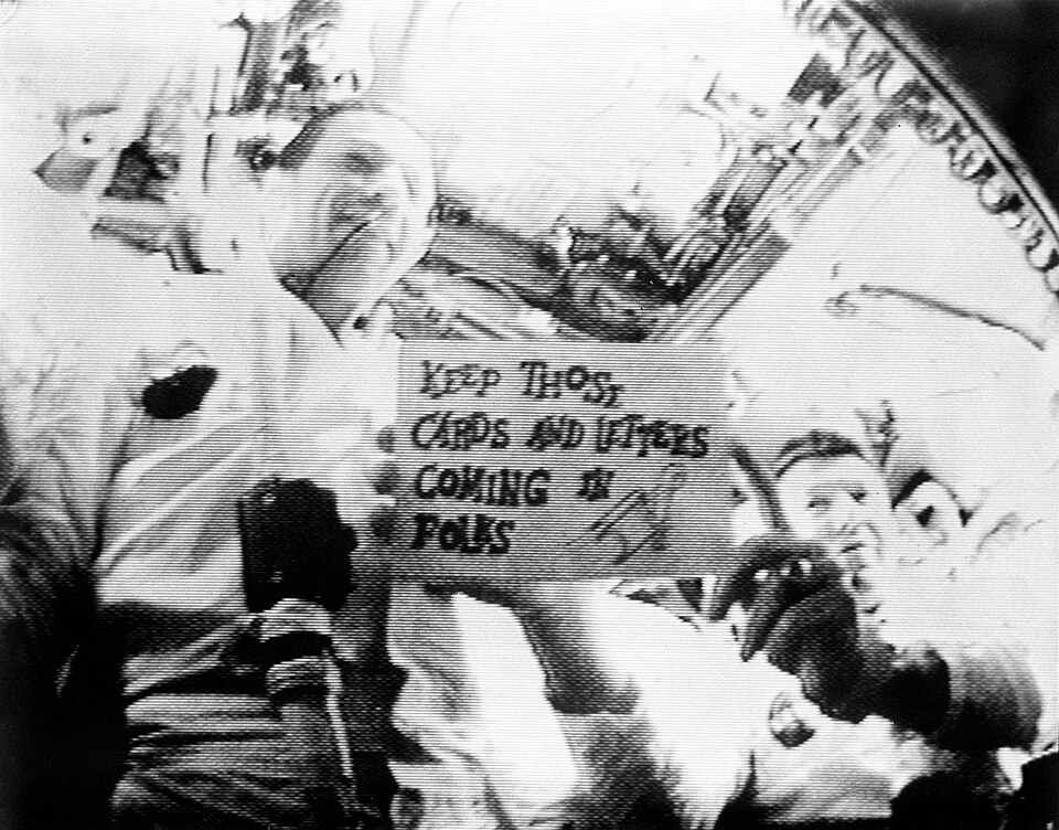 Astronauts Walter M. Schirra Jr. (on right), mission commander; and Donn F. Eisele , command module pilot; are seen in the first live television…