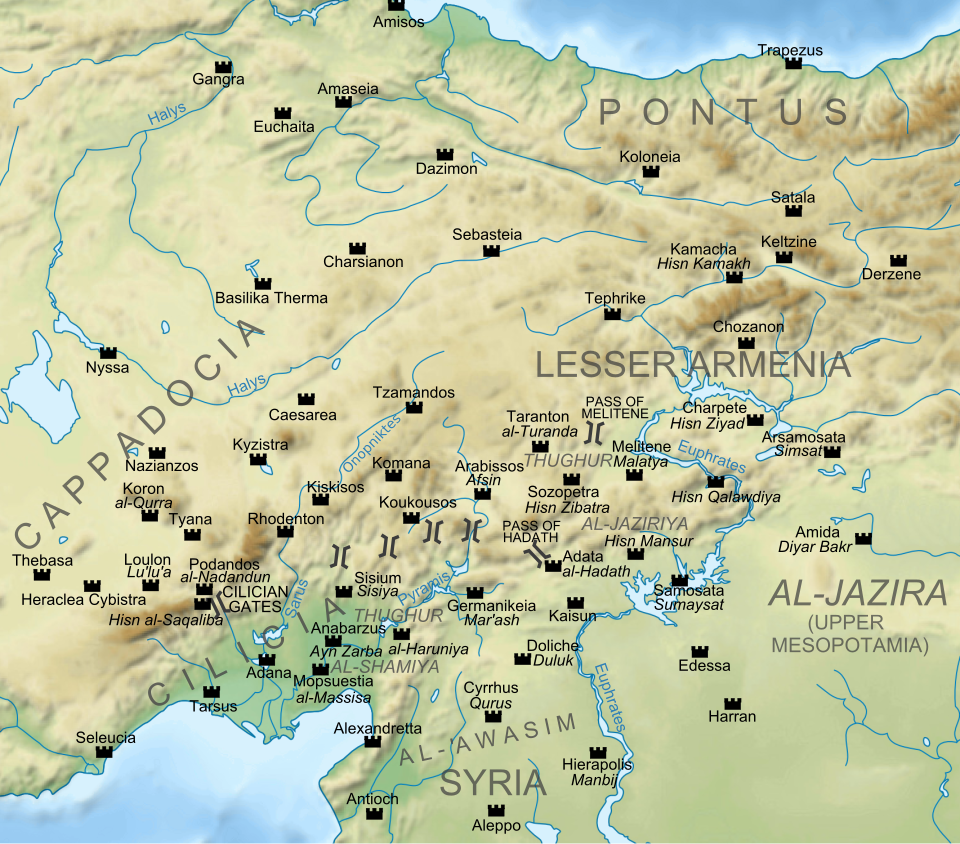 Map of the Arab-Byzantine frontier zone from the late 7th to the 10th centuries, with the major settlements and fortresses (Arab names in italics).