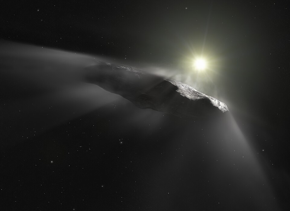 This artist’s impression shows the first interstellar object discovered in the Solar System, `Oumuamua. Observations made with ESO’s Very Large Telescope,…