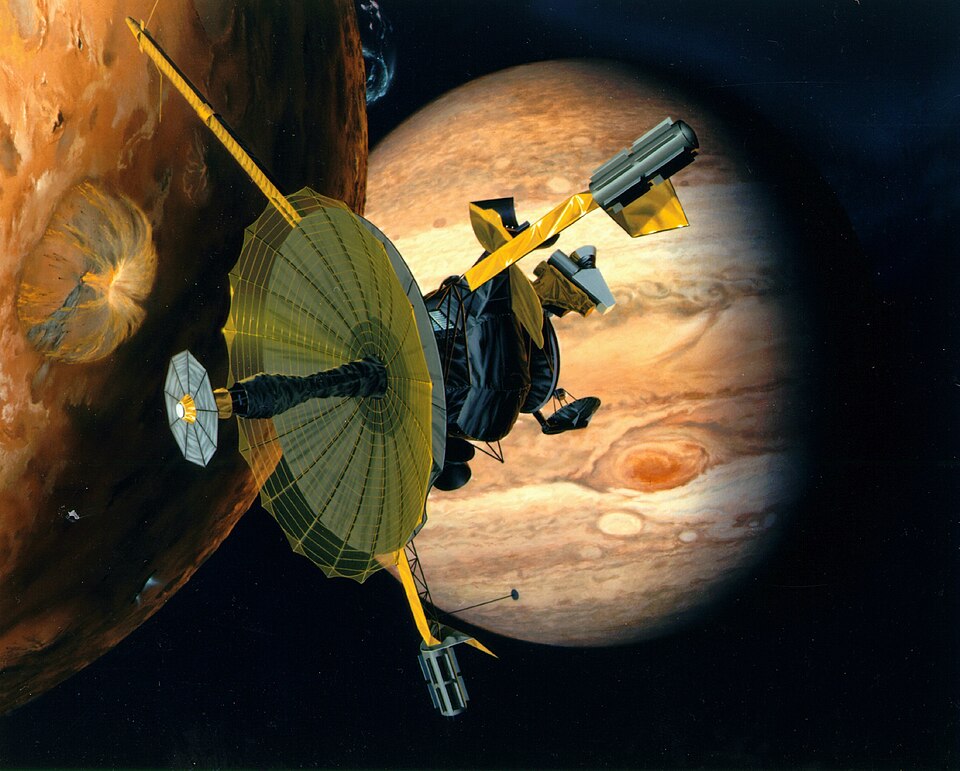 Artist's rendering of NASA's Galileo spacecraft flying past Jupiter's moon Io. Galileo made multiple close approaches to the volcanically active moon during…