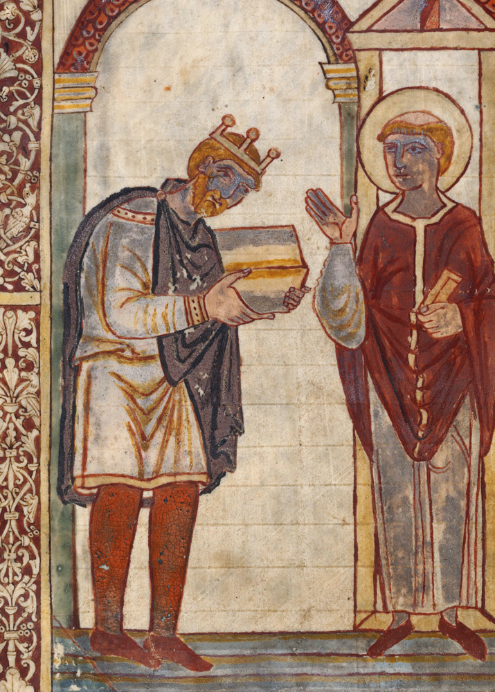 Frontispiece of Bede's Life of St Cuthbert , showing King Æthelstan (924–39) presenting a copy of the book to the saint himself.