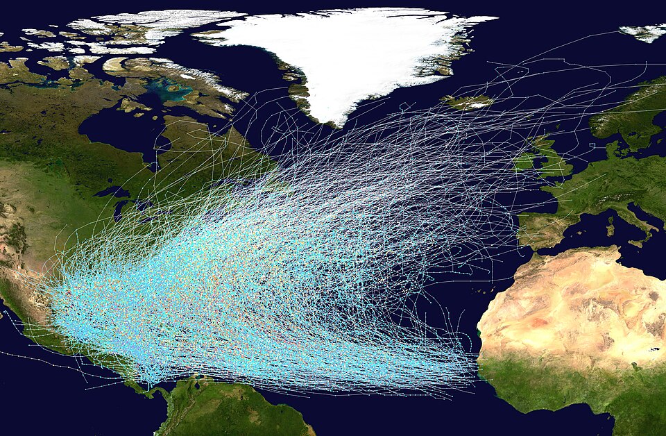 This map shows the tracks of all Atlantic hurricanes which formed between 1851 and 2025. The points show the locations of the storms at six-hourly intervals…
