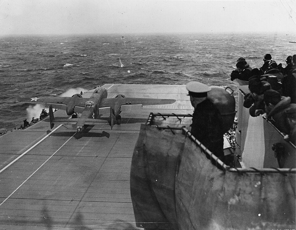 USS HORNET, PACIFIC OCEAN 1942 -- Lt. Col. James "Jimmy" Doolittle performs a full-throttle takeoff from the USS Hornet 650 miles from Japan on a secret…