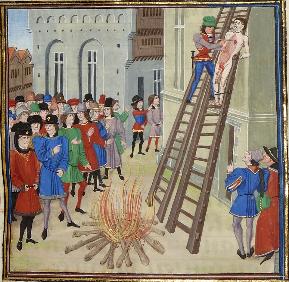 Illustration of the execution of Hugh the Younger Despenser, from a manuscript of Froissart (Bibliotheque Nationale MS Fr. 2643, folio 11r)