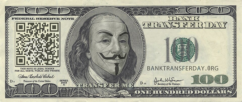 Bank Transfer Day poster: $100 bill featuring Guy Fawkes mask over Benjamin Franklin.