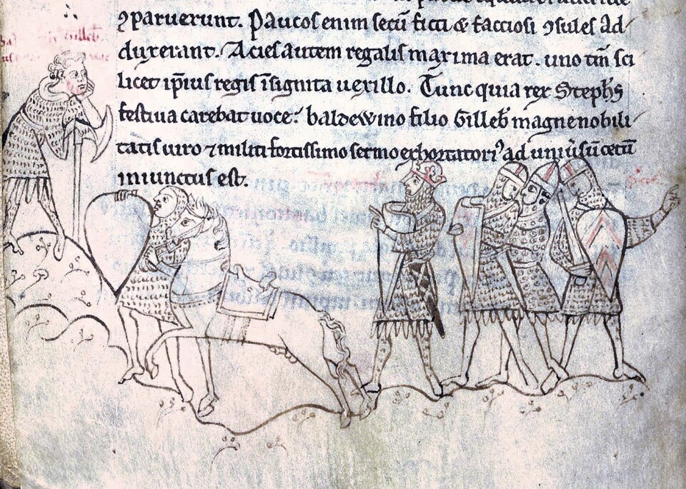 Captions identify the man to the left as Baldwin FitzGilbert and the central crowned figure as King Stephen; the king is directing Baldwin to address the…