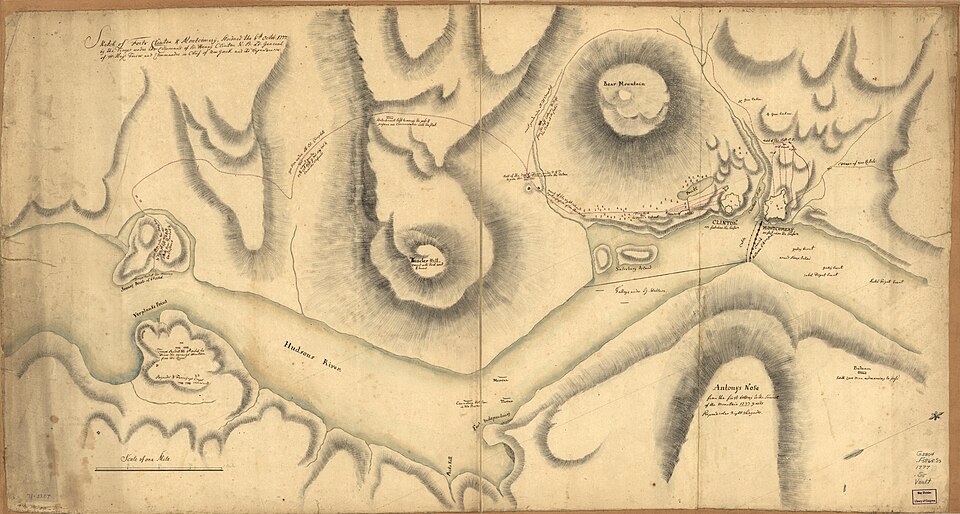 This is a map depicting the 1777 Battle of Forts Clinton and Montgomery , showing military movements. Drawn by a British military engineer.