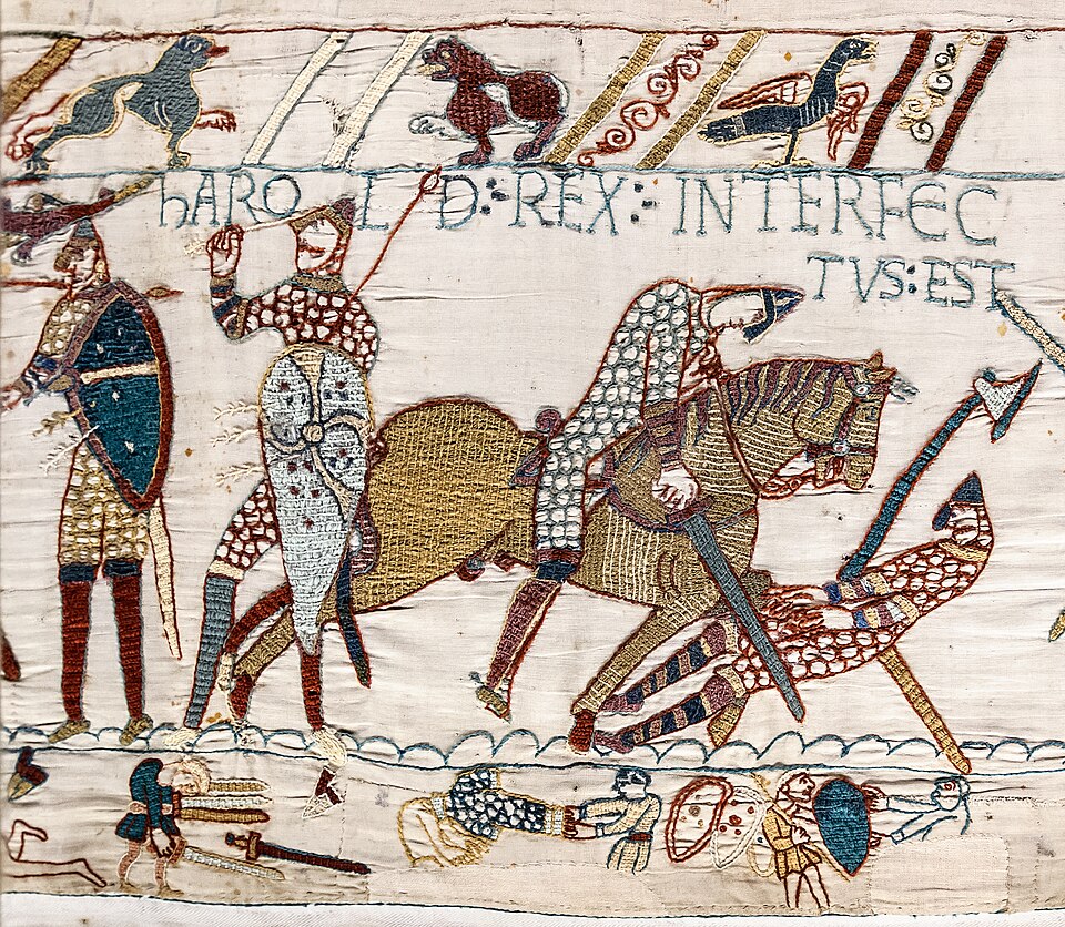 Bayeux Tapestry - Scene 57: the death of King Harold at the Battle of Hastings . Titulus: HIC HAROLD REX INTERFECTUS EST (Here King Harold is slain)