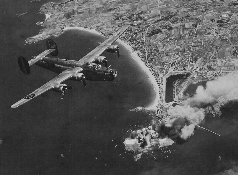 Bombing of the Grand Bé islet close to Saint-Malo, France in August 1944 by American B-24 Liberators of the 8th US Air Force.