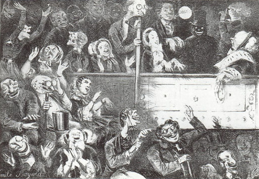 Caricature: The Audience at "Les Bouffes parisiens", Paris. Jacques Offenbach is shown at center near the top.