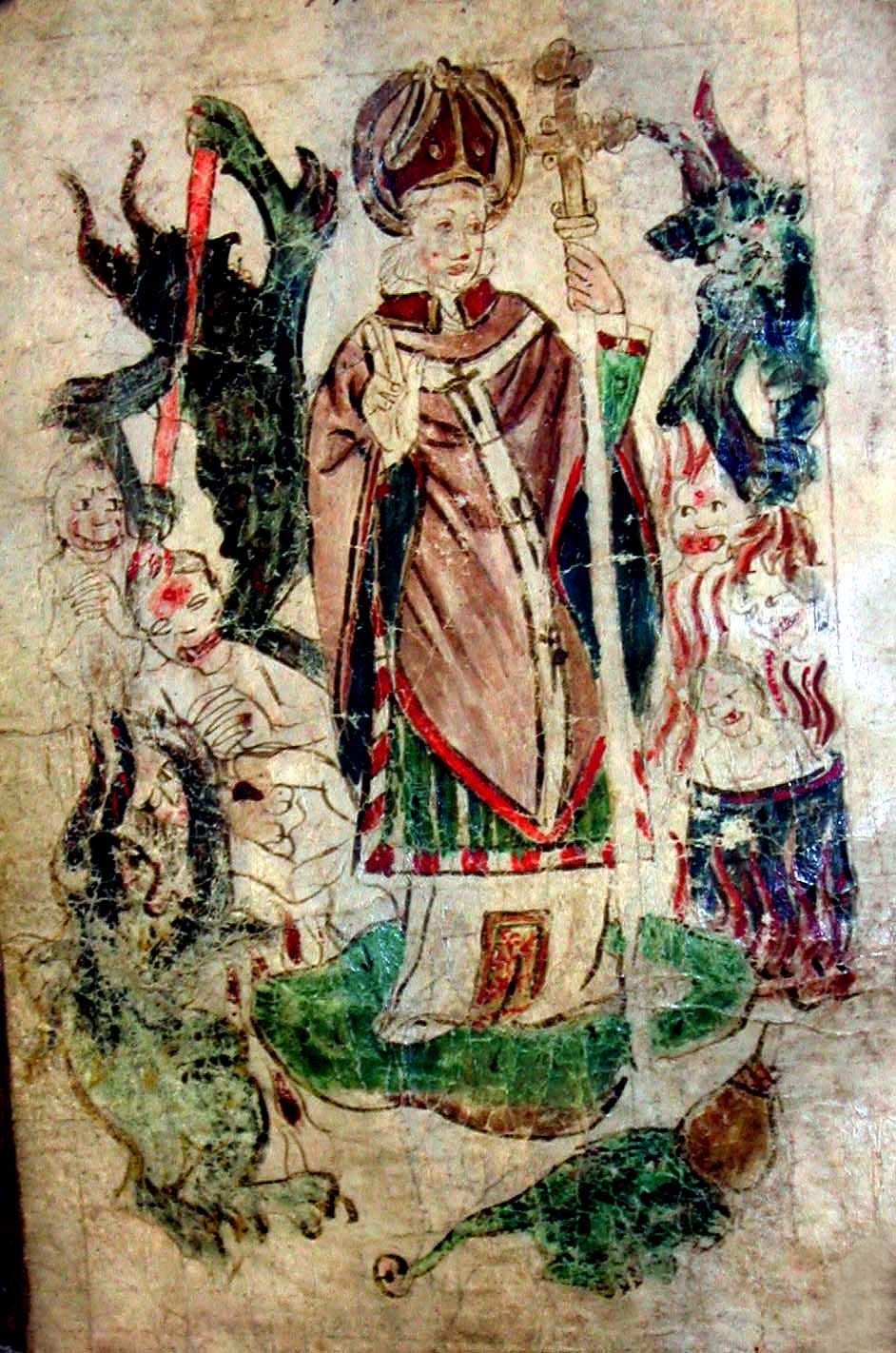 Drawing showing St. John of Bridlington in St. Patrick's Purgatory, illustrating a 15th-century Middle English prose text of The Vision of William of…