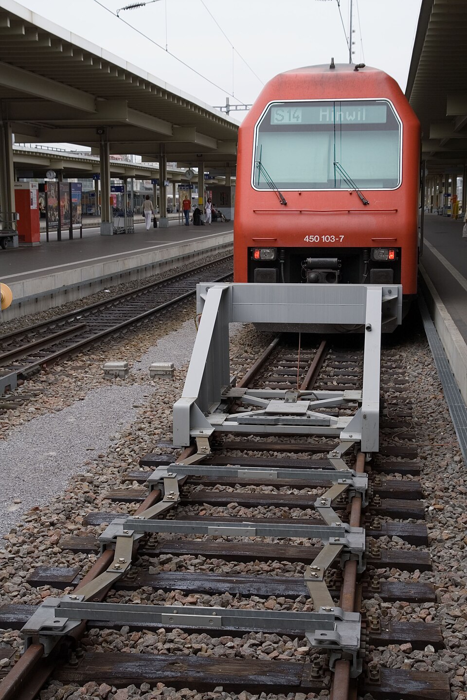Buffer stop at Zurich Main Station track 54. The buffer stop is designed to move up to 7 m to slow down a 850 t passenger train from 15 km/h without…