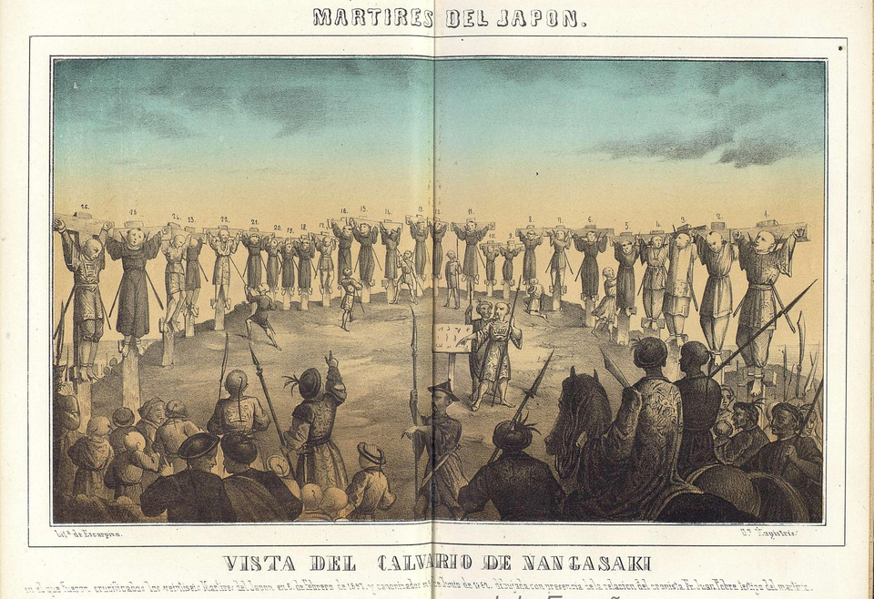 Title: 'Vista del Calvario de Nagasaki' (View of the Calvary of Nagasaki) which occured on 5 February 1597. This lithograph was made by Eustaquio Maria de…