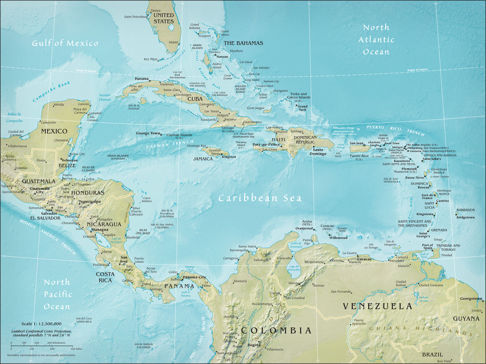 Shaded relief map of Central America and the Caribbean, Lambert Conformal Conic Projection, standard parallels 7°N and 24°N