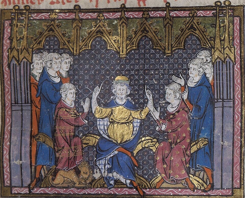 Charles Martel divides the realm between Pepin and Carloman. Miniature (illuminated manuscript) from Grandes Chroniques de France . Bibliothèque Nationale,…