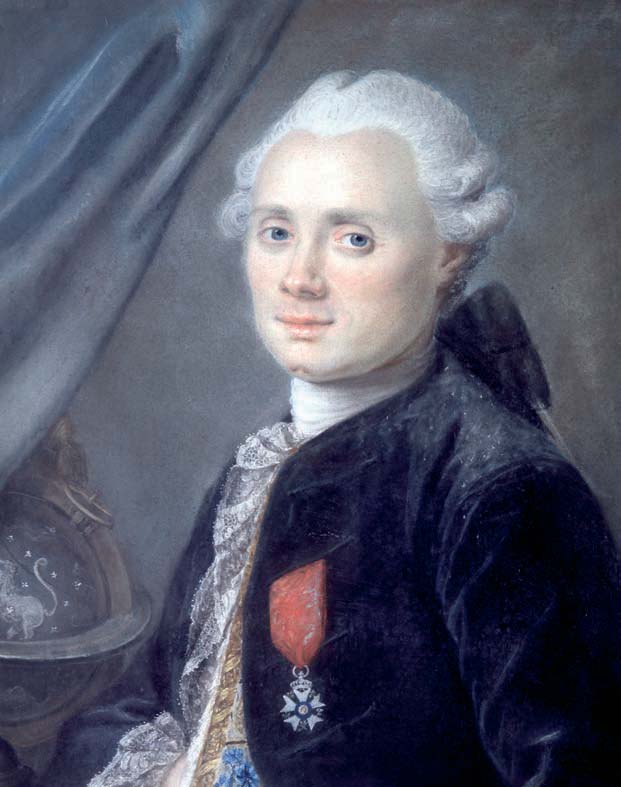 Charles Messier, French astronomer, at the age of 40. A celestial globe showing a swan among stars.