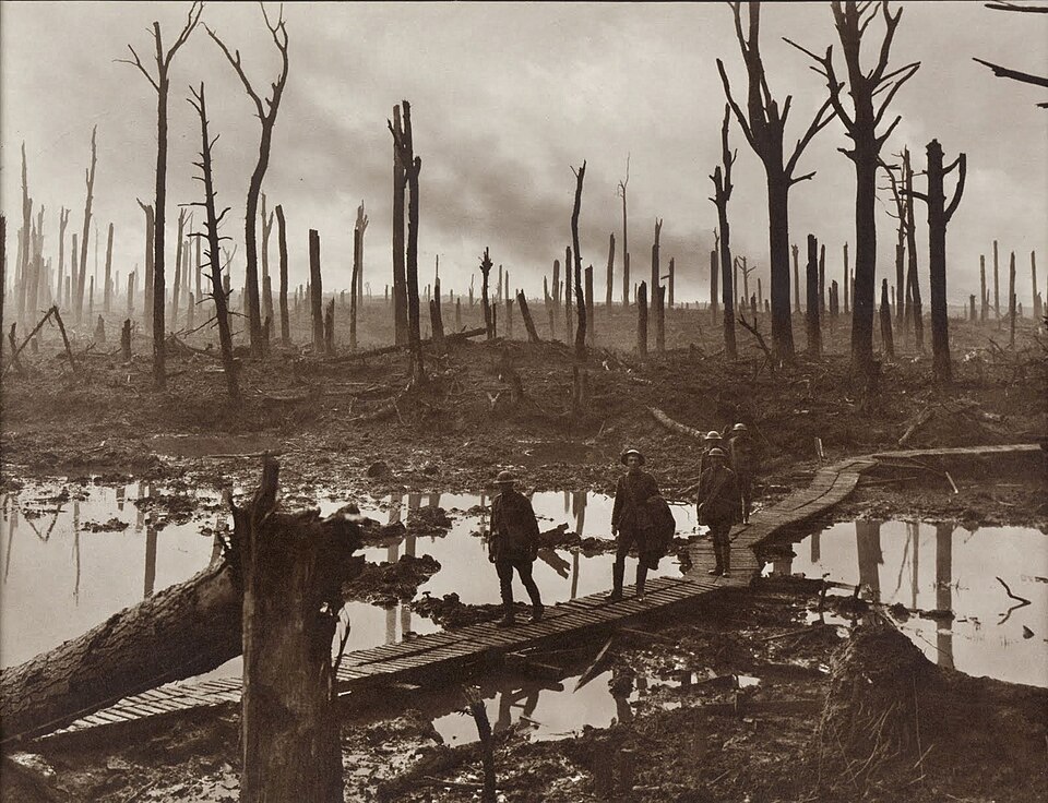 Soldiers of an Australian 4th Division field artillery brigade on a duckboard track passing through Chateau Wood, near Hooge in the Ypres salient, 29…