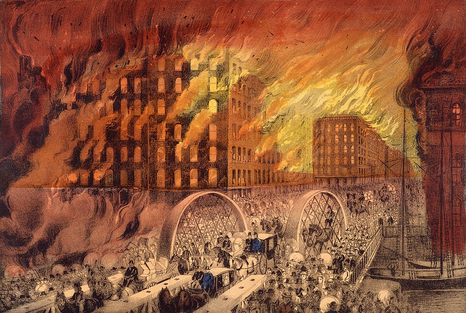 The Currier & Ives lithograph shows people fleeing across the Randolph Street Bridge. Thousands of people literally ran for their lives before the flames,…