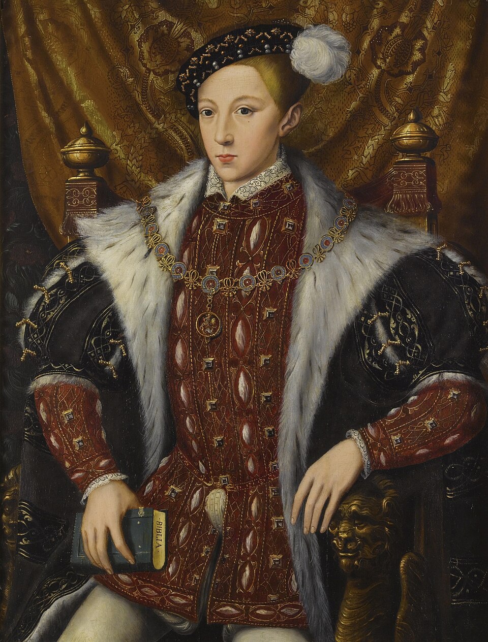 Portrait of Edward VI of England, seated, wearing a gown lined in fur (ermine or lynx) over a crimson doublet with the collar of the Order of the Garter and…