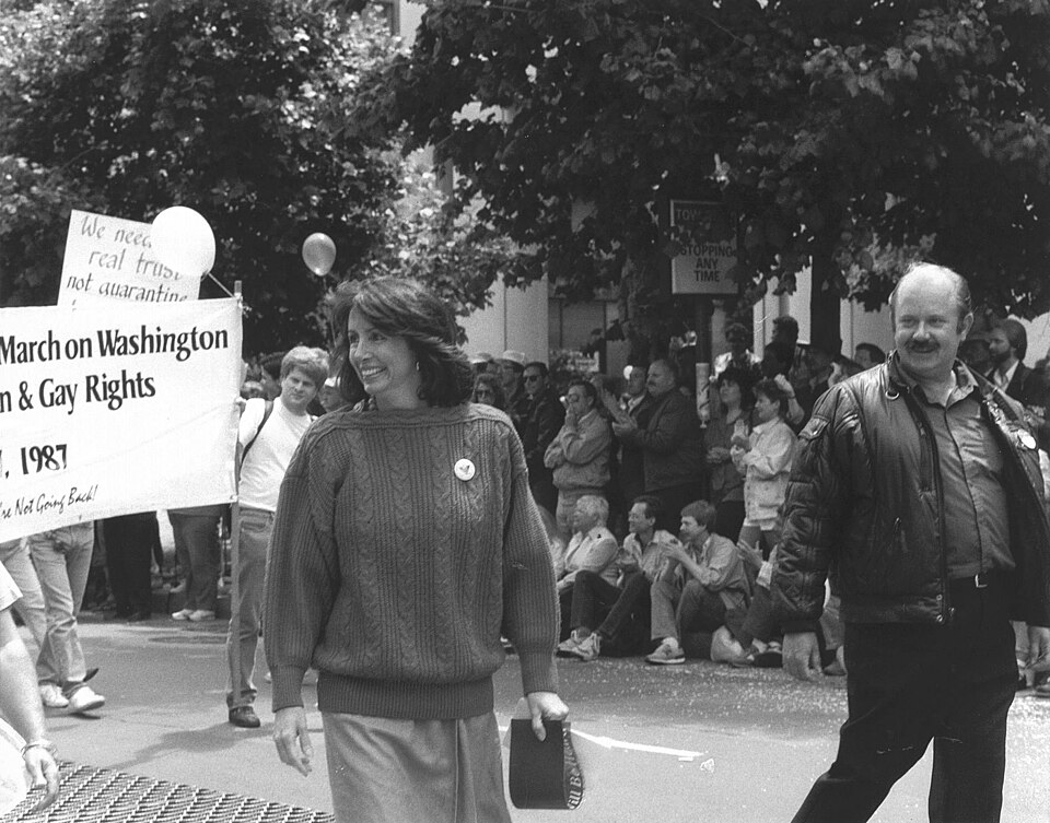Congresswoman Pelosi, pictured proudly marching for equal rights in 1987