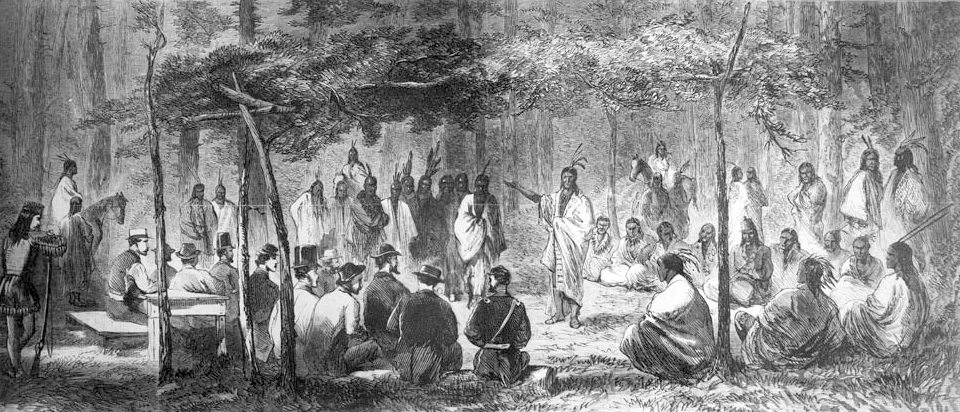 Council at Medicine Lodge Creek This drawing by J. Howland, originally printed in Harper's Weekly, depicts the council between representatives of the U.S.…