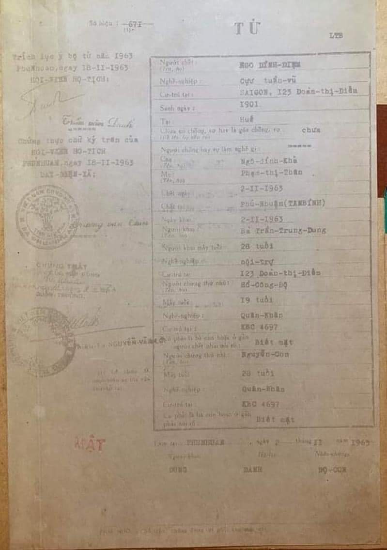 Death certificate of President Ngô Đình Diệm (吳廷琰).